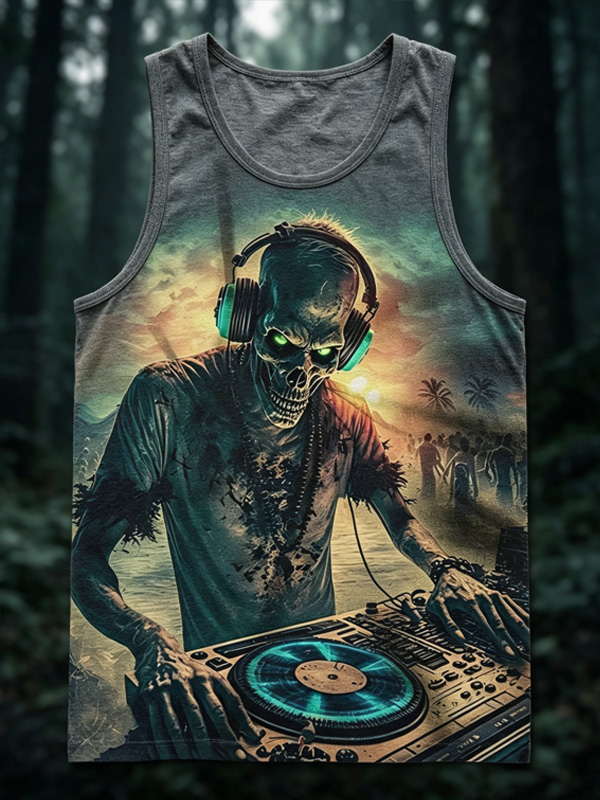 Men's Skeleton DJ Wearing Headphones Print Tank Top