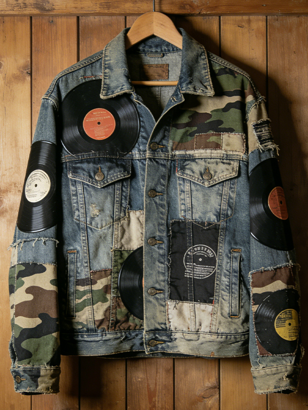 Men's Retro Vinyl Record Camo Art Print Denim-Like Long Sleeve Shirt