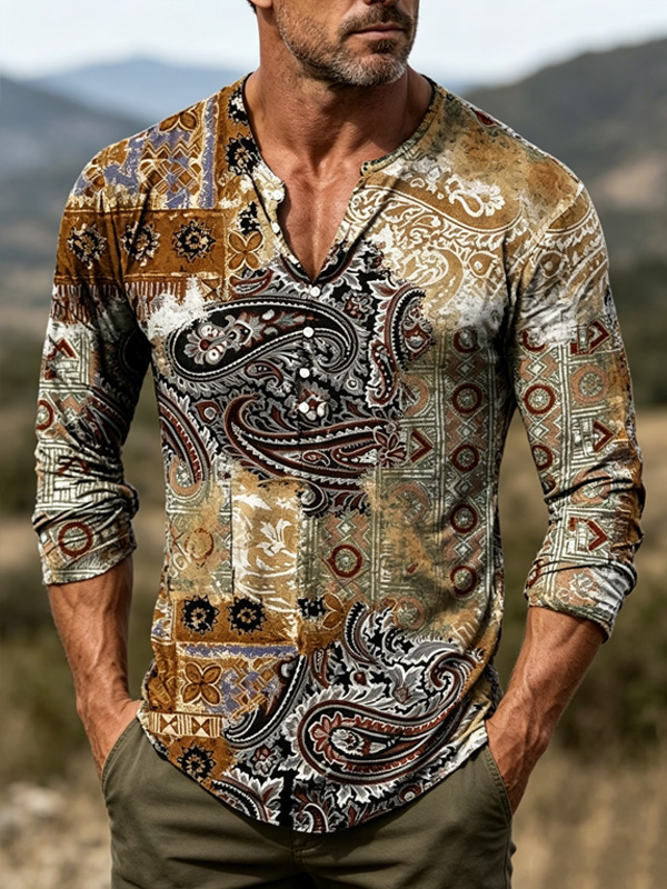 Men's Retro Tribal Ethnic Patterns Paisley Print Henley Long Sleeve T-Shirt