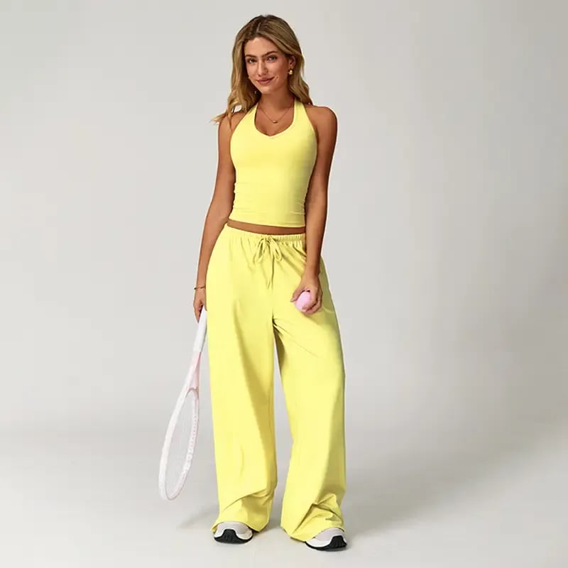 💖Hot 50% OFF✨ Women’s 2-Piece Silk-Like Lounge Set – V-Neck Strappy Top & Wide Leg Pants