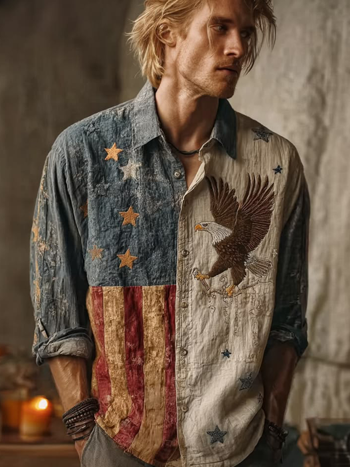 Men's Vintage American Flag Eagle Art Print Long Sleeve Shirt