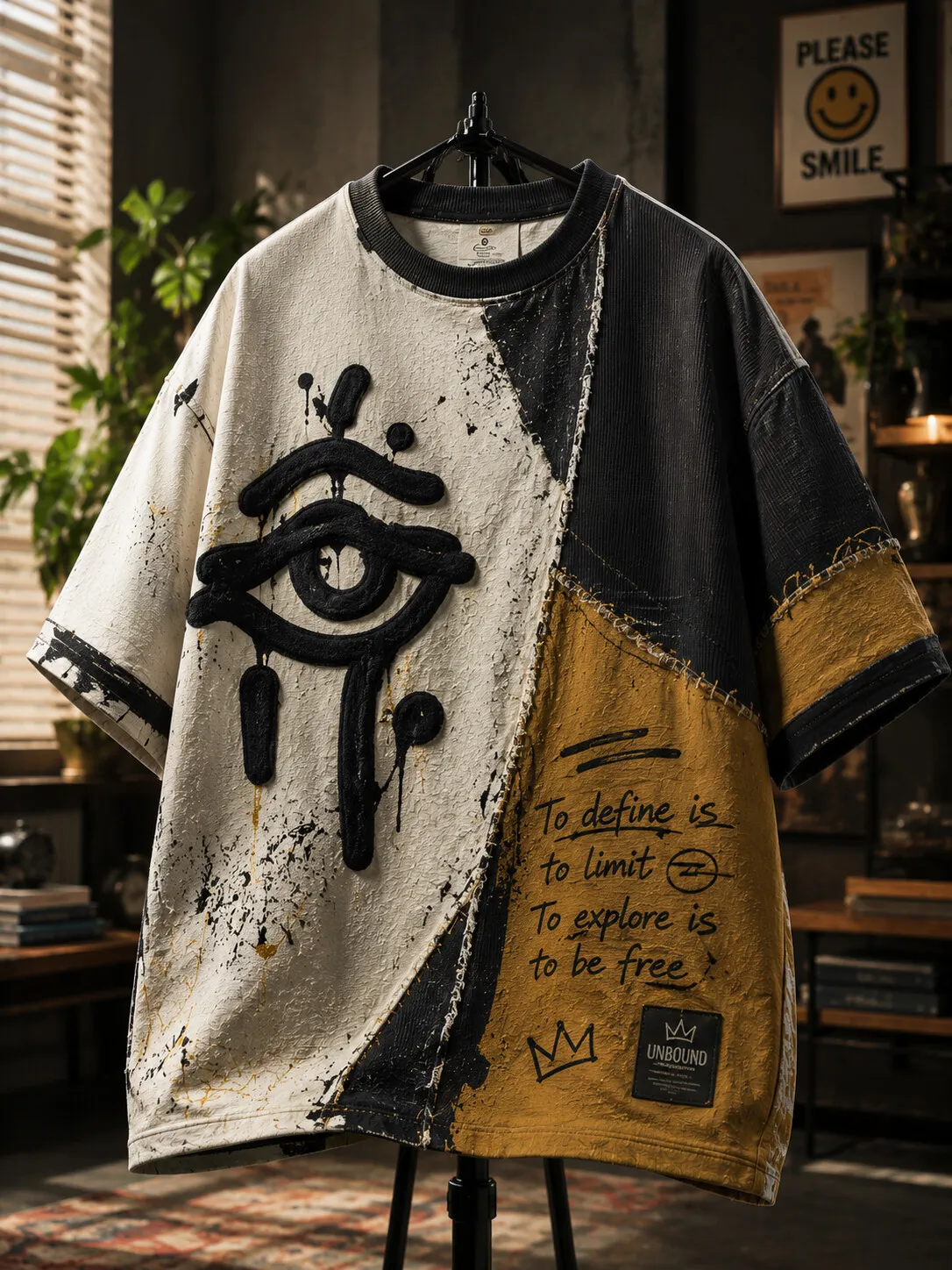 Men's Mustard Eye Patchwork Colorblock Art Print T-Shirt