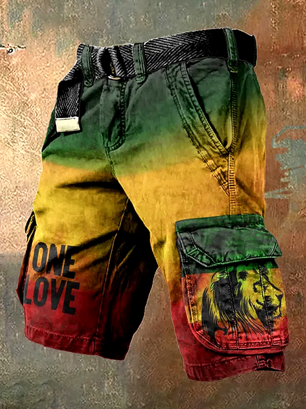 Men's One Love Reggae Lion Print Cargo Shorts