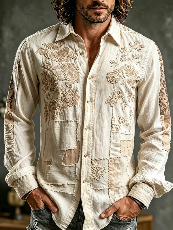 Men's Boho Flowers Stitching Art Print Long Sleeve Shirt