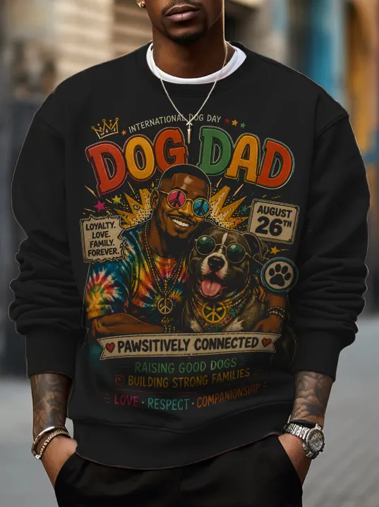 Men's Retro International Dog Day Dog Dad Pitbull Peace Art Print Casual Sweatshirt