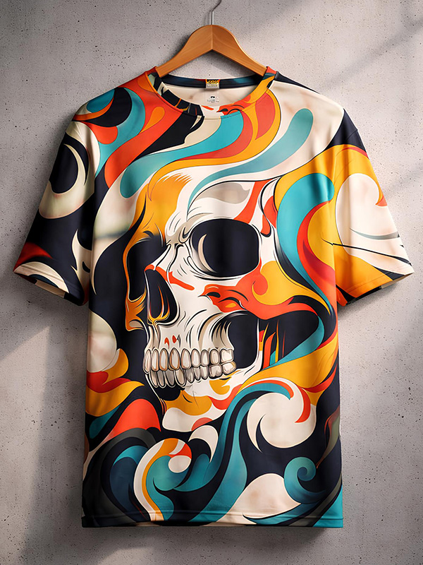 Men's Vibrant Multicolor Skull And Swirl Art Print T-Shirt