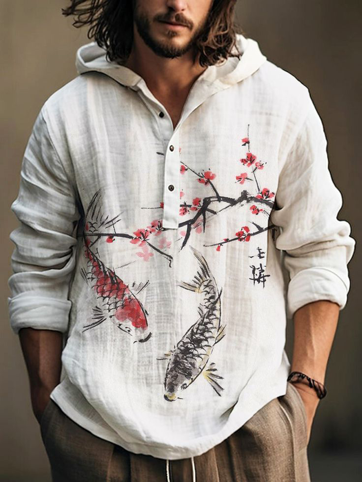 Men's Japanese Ink Art Carp Cherry Blossom Print Hooded Shirt