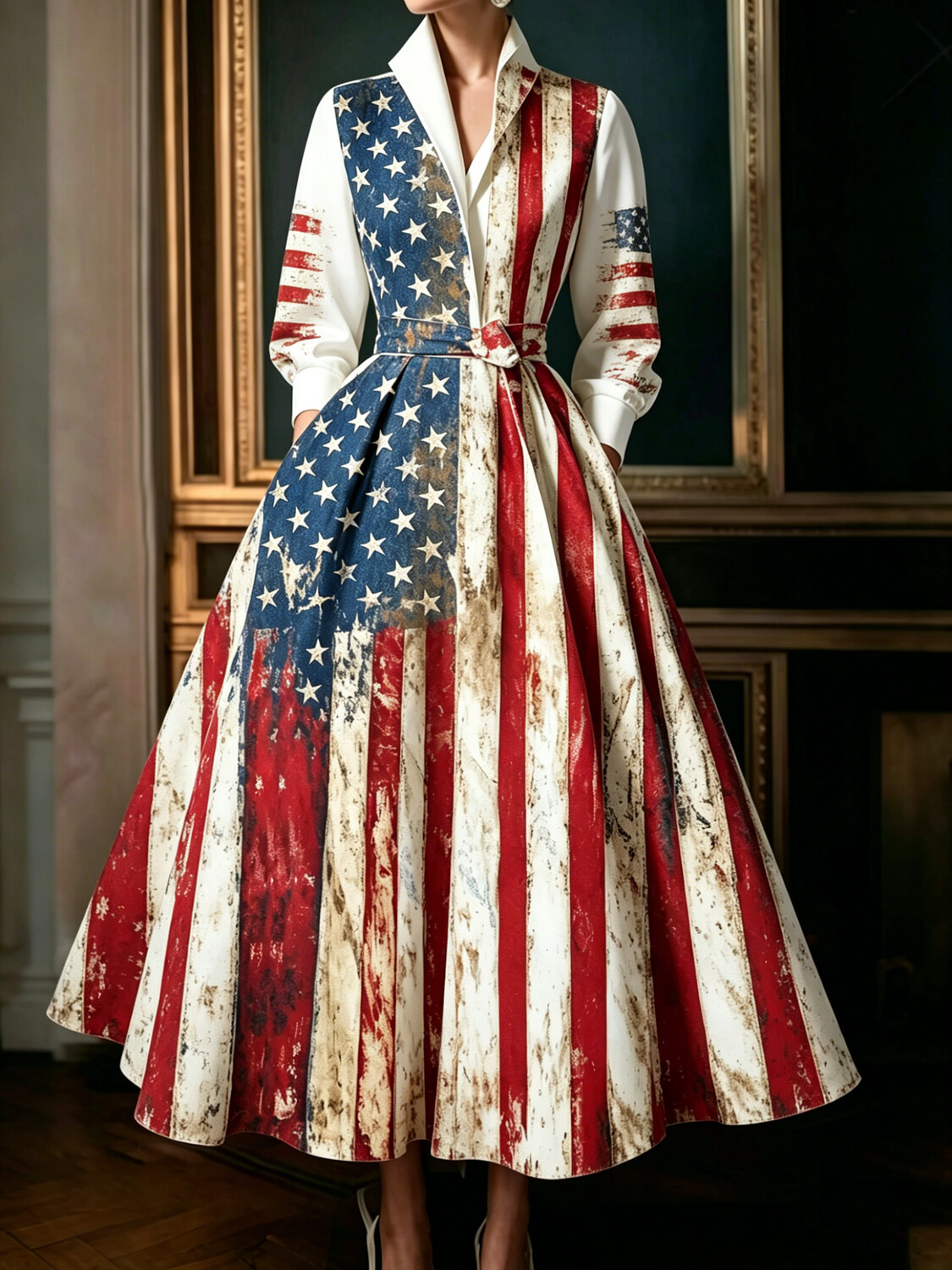 Women's Vintage Distressed USA Flag Print Long Sleeve Maxi Dress