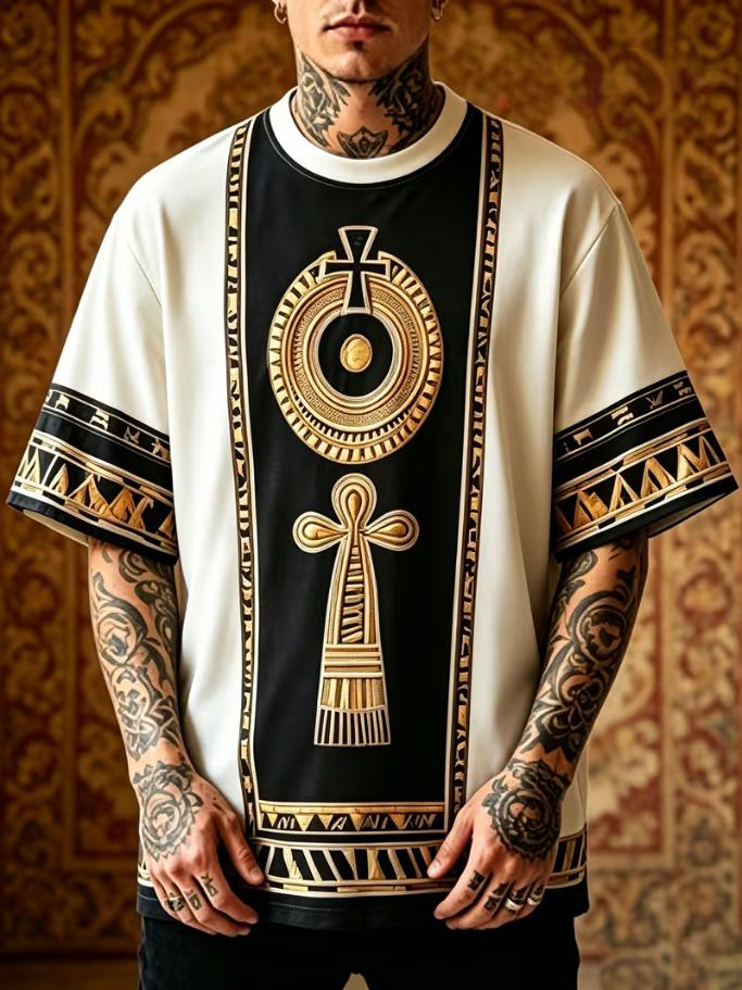 Men's Egyptian Ankh Life Symbol African Tribal Geometric Print T-Shirt