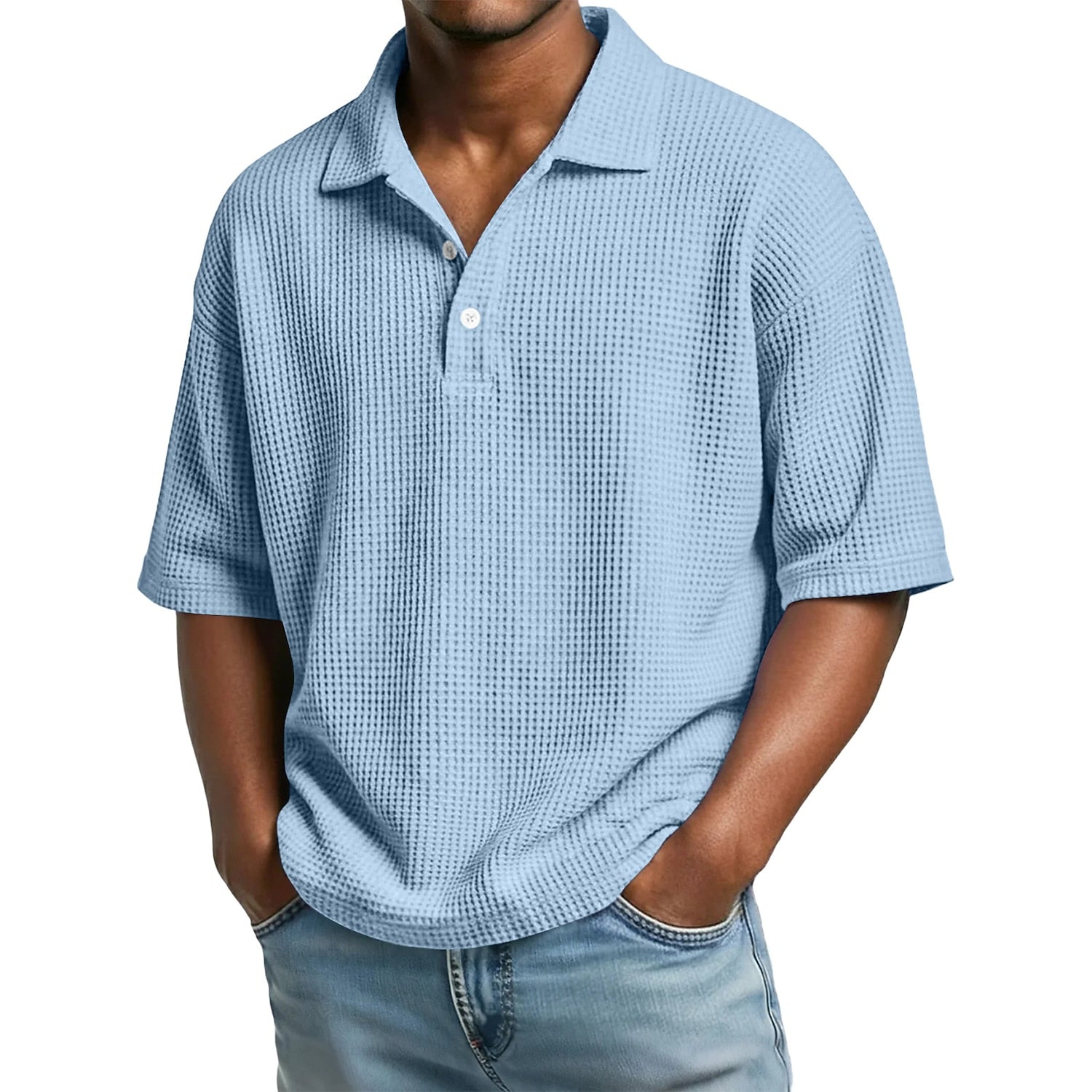 Men's Waffle Polo Shirt-Casual Textured Short Sleeve Top