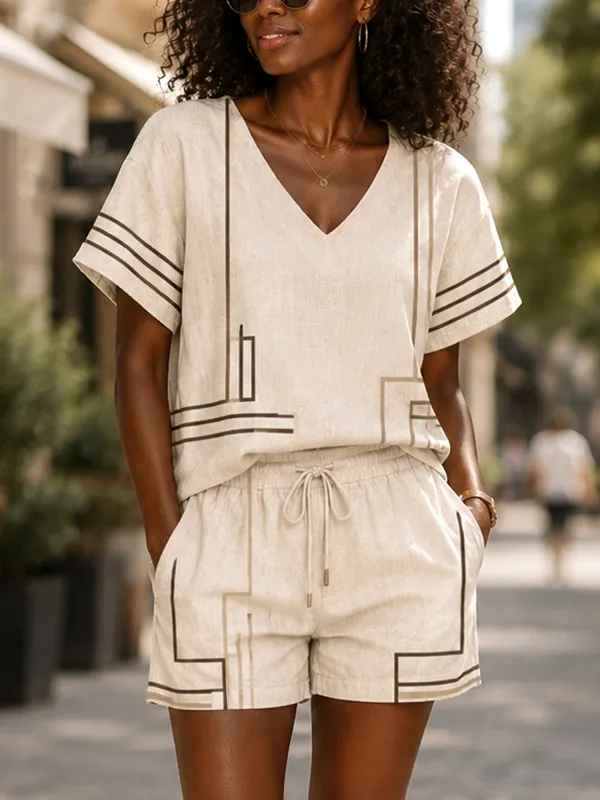Women's Striped Geometry Print Deep V Neck Half Sleeve T-Shirt Shorts Matching Set