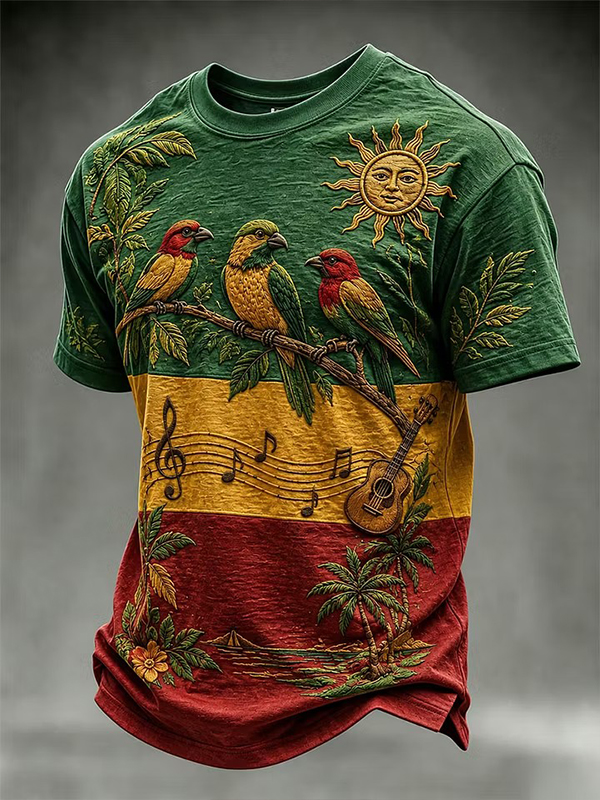 Men''s Reggae Tropical Birds Palm Trees Print Casual T Shirt