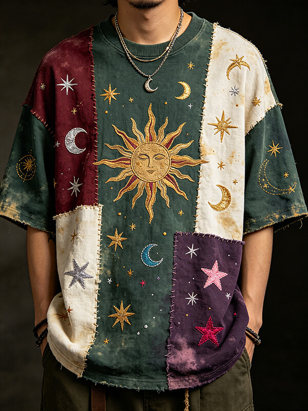 Men's Hippie Mysterious Sun Moon Star Color Block Print Casual T-Shirt