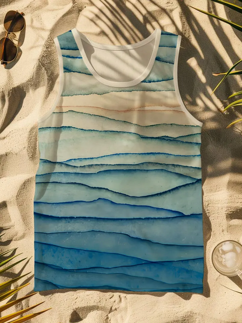 Men's Ocean Watercolor Gradient Stripe Art Print Tank Top