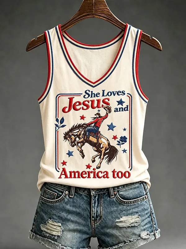 Women's She Loves Jesus And America Too Print Casual V Neck Tank Top
