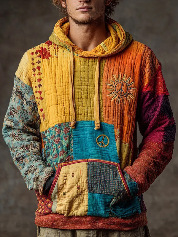 Men's Hippie Colorblock Ditsy Floral Peace Graphic Print Casual Hoodie