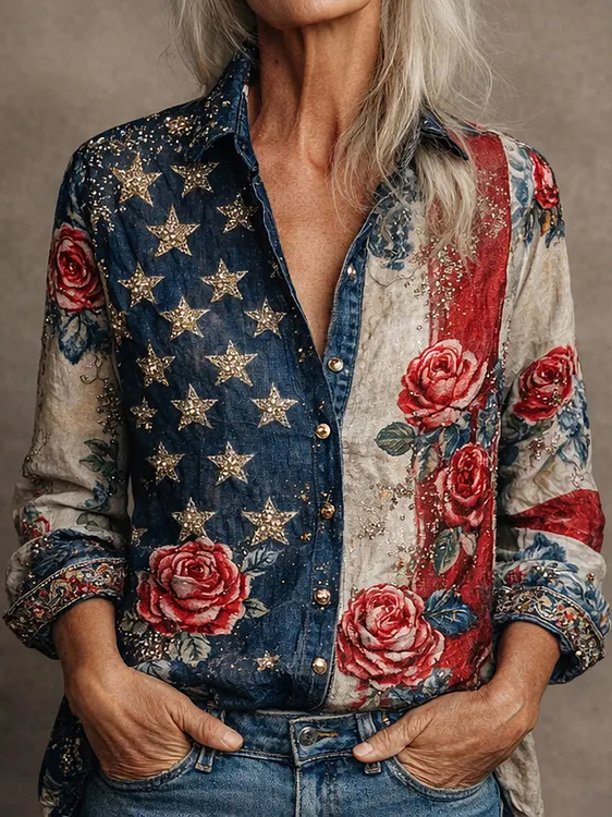 Women's Retro Stars Stripes Floral Print Long Sleeve Shirt