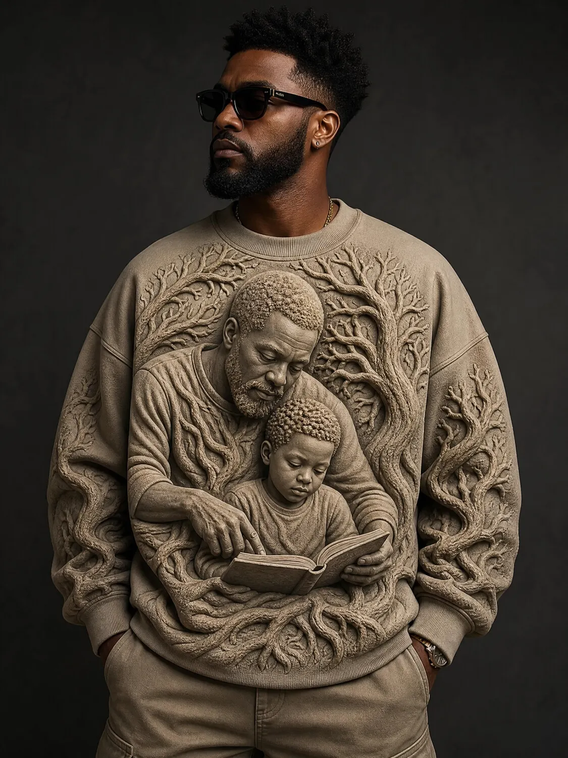 Men's 3D Embossed Father Son Reading Tree Root Art Print Casual Sweatshirt