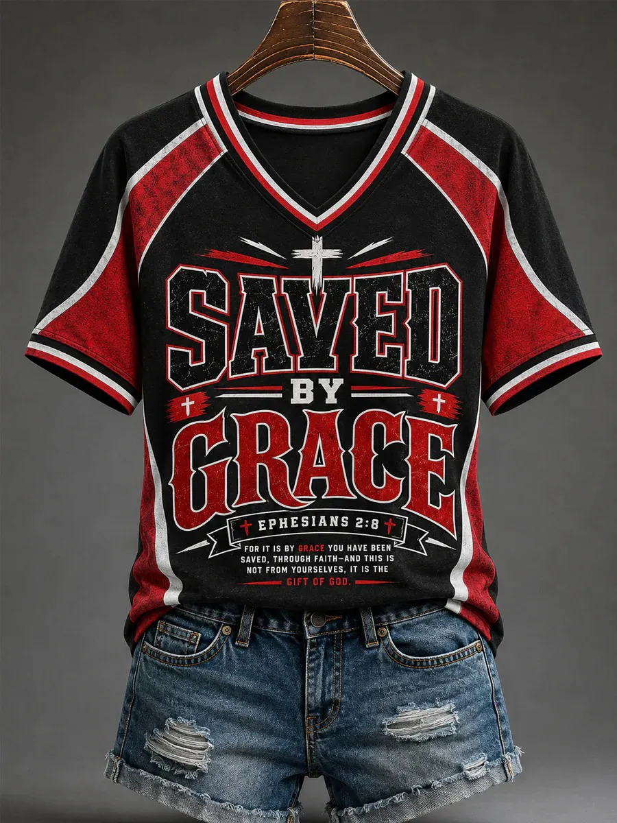 Women's Distressed Saved By Grace Cross Print Casual T-Shirt