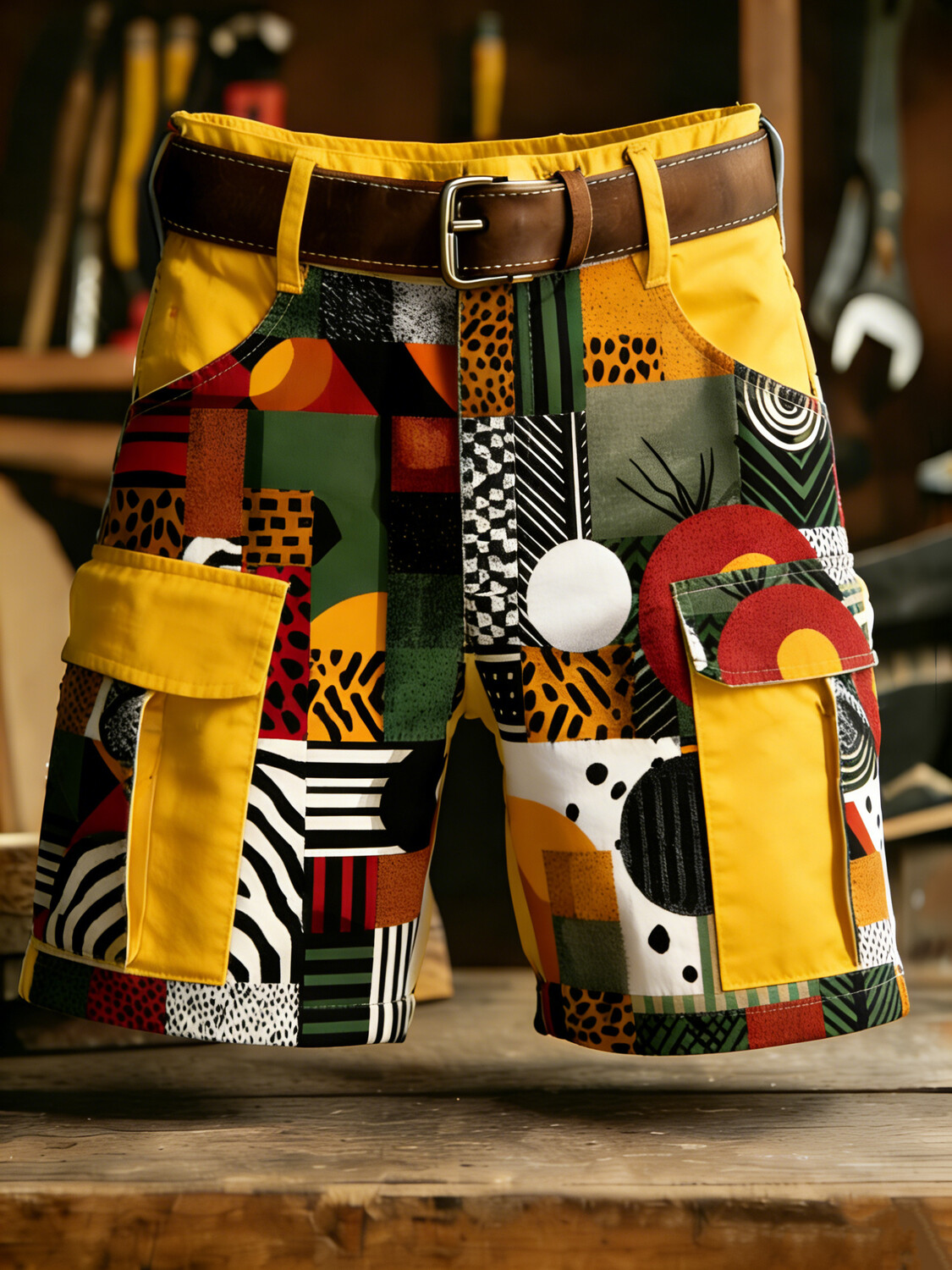 Men's Colorful Geometric Animal Art Print Patchwork Denim-Like Casual Shorts