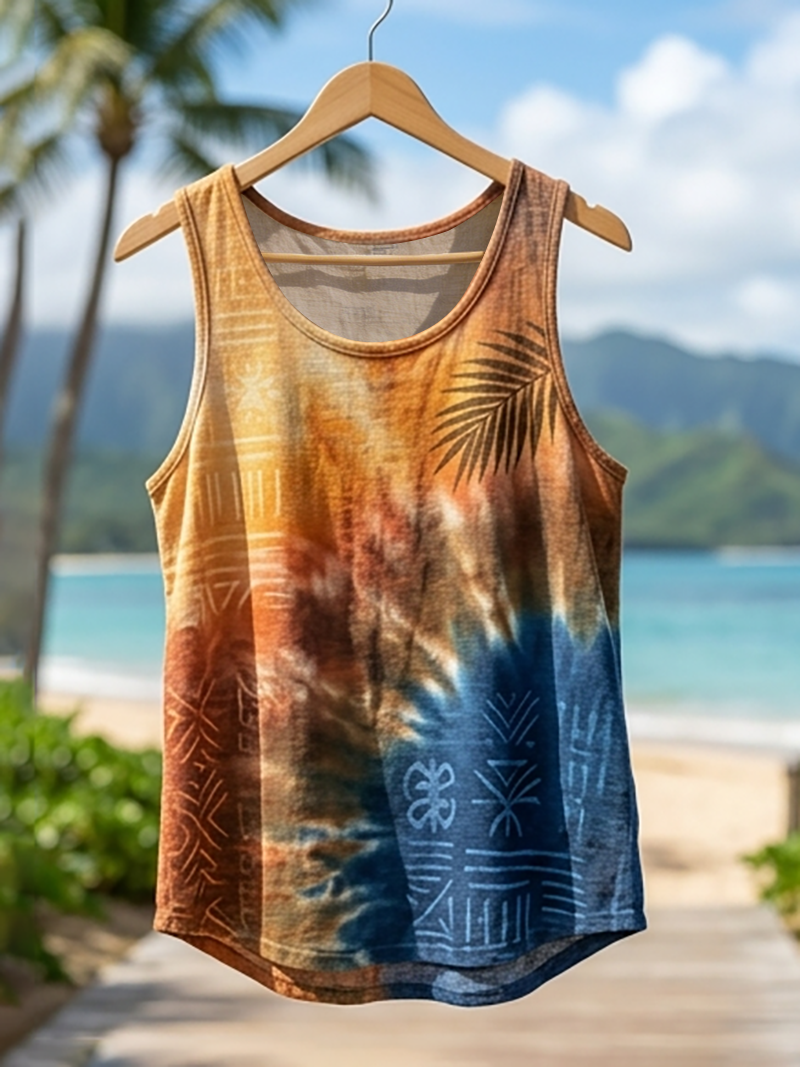 Men's Tie Dye Tribal Pattern Palm Leaf Vacation Print Tank Top
