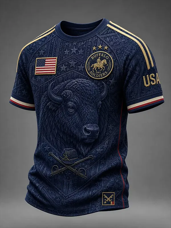 Men's Retro Buffalo Soldier's Day Navy Bison Commemorative Print T-Shirt
