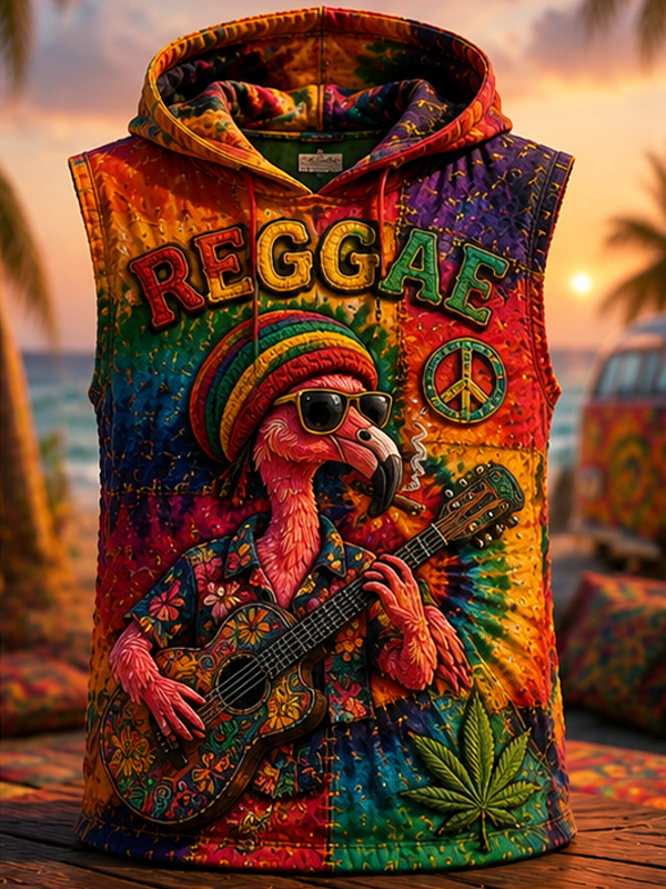 Men's Flamingo Playing Guitar And Reggae Music Art Print Hooded Tank Top