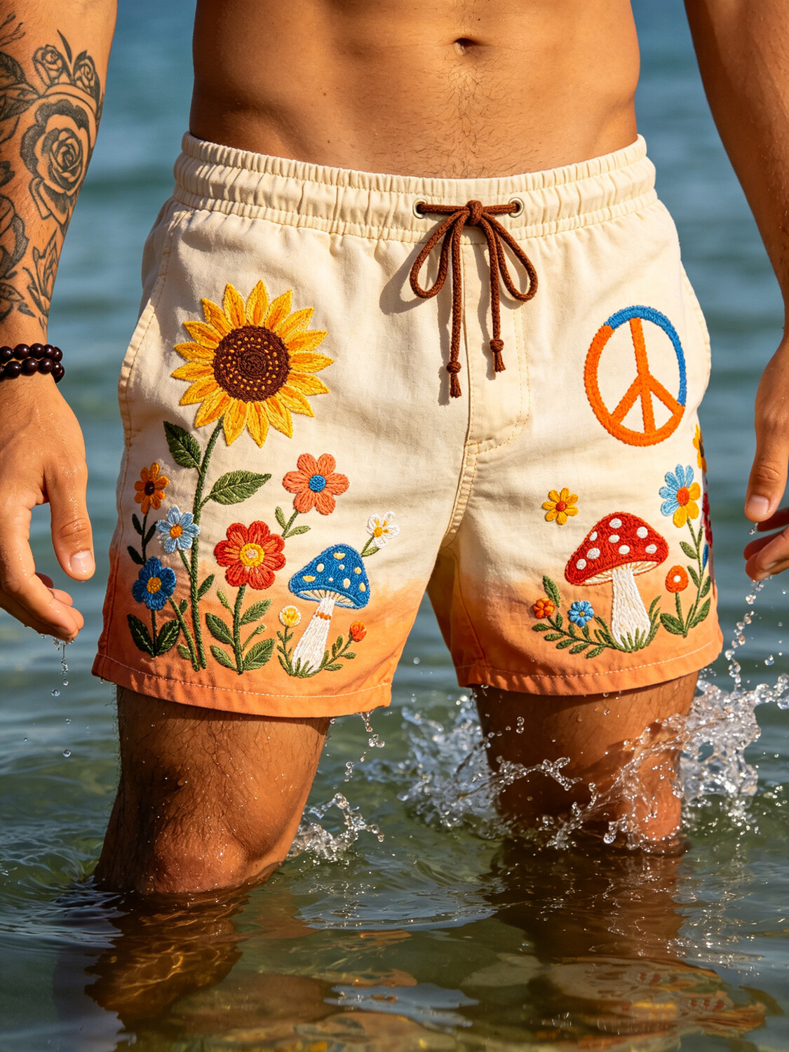 Men's Hippie Mushroom Flower Peace Symbol Print Casual Shorts