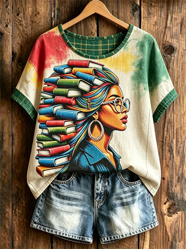 Women's Book Hairstyle Black Woman Art Print Casual T-Shirt