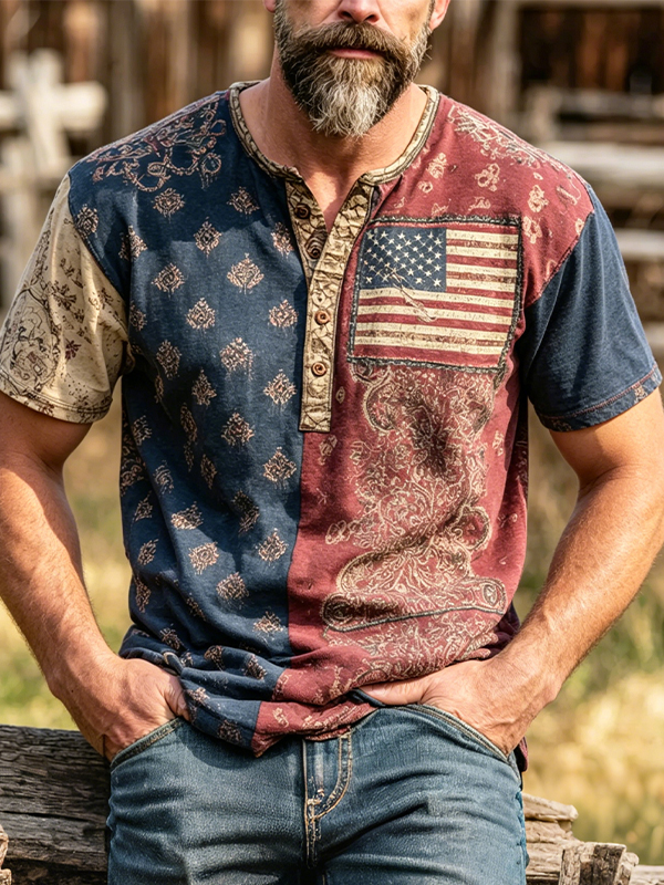 Men's Patchwork Paisley American Flag Print Colorblock Half Button Henley T-Shirt