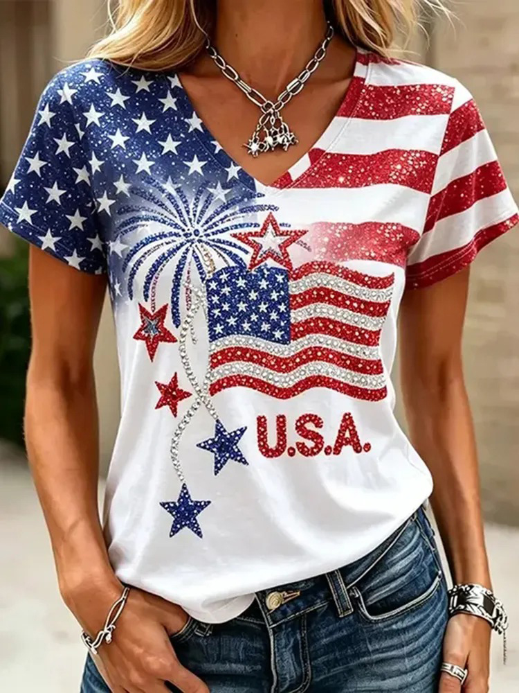 Women's Independence Day USA Flag Firework Print Casual V Neck T-Shirt