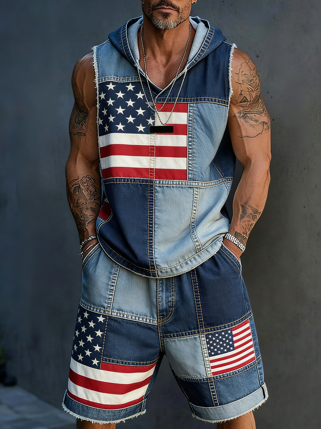 Men's USA Flag Patchwork Print Hooded Tank Top Shorts Matching Set