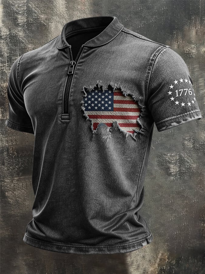 Men's Ripped American Flag Print Short Sleeve Half Zip T-Shirt