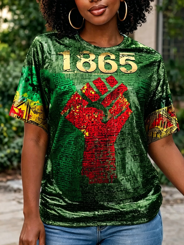 Women's Black Fist Juneteenth Freedom Print Casual T-Shirt