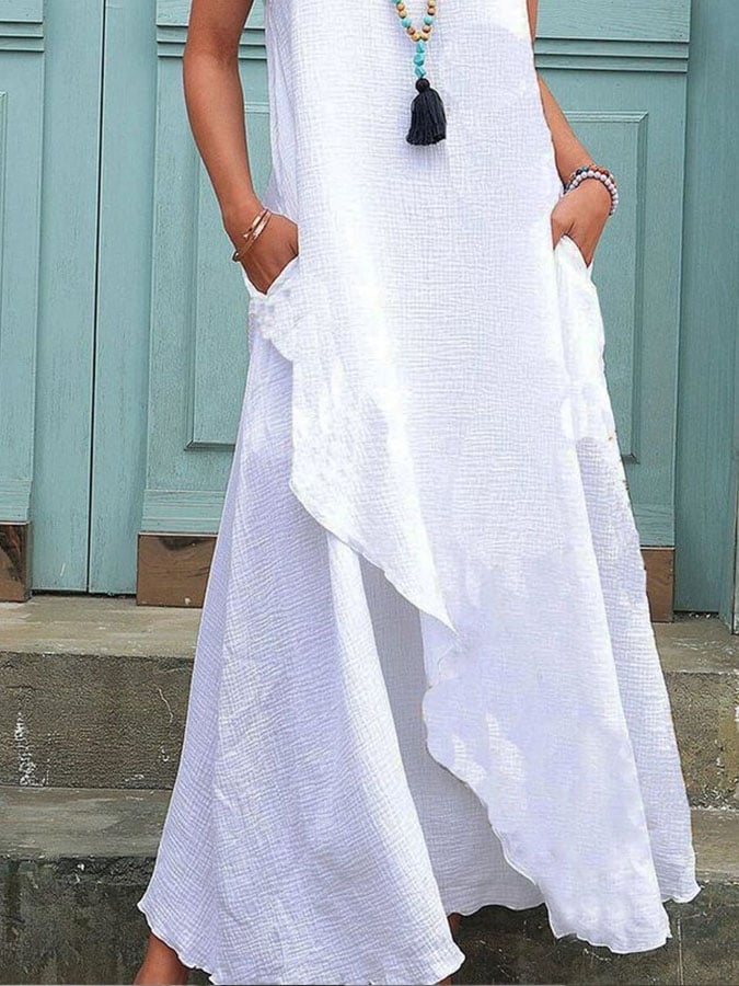 Women's Casual Solid Color Round Neck Pocket Vest Dress