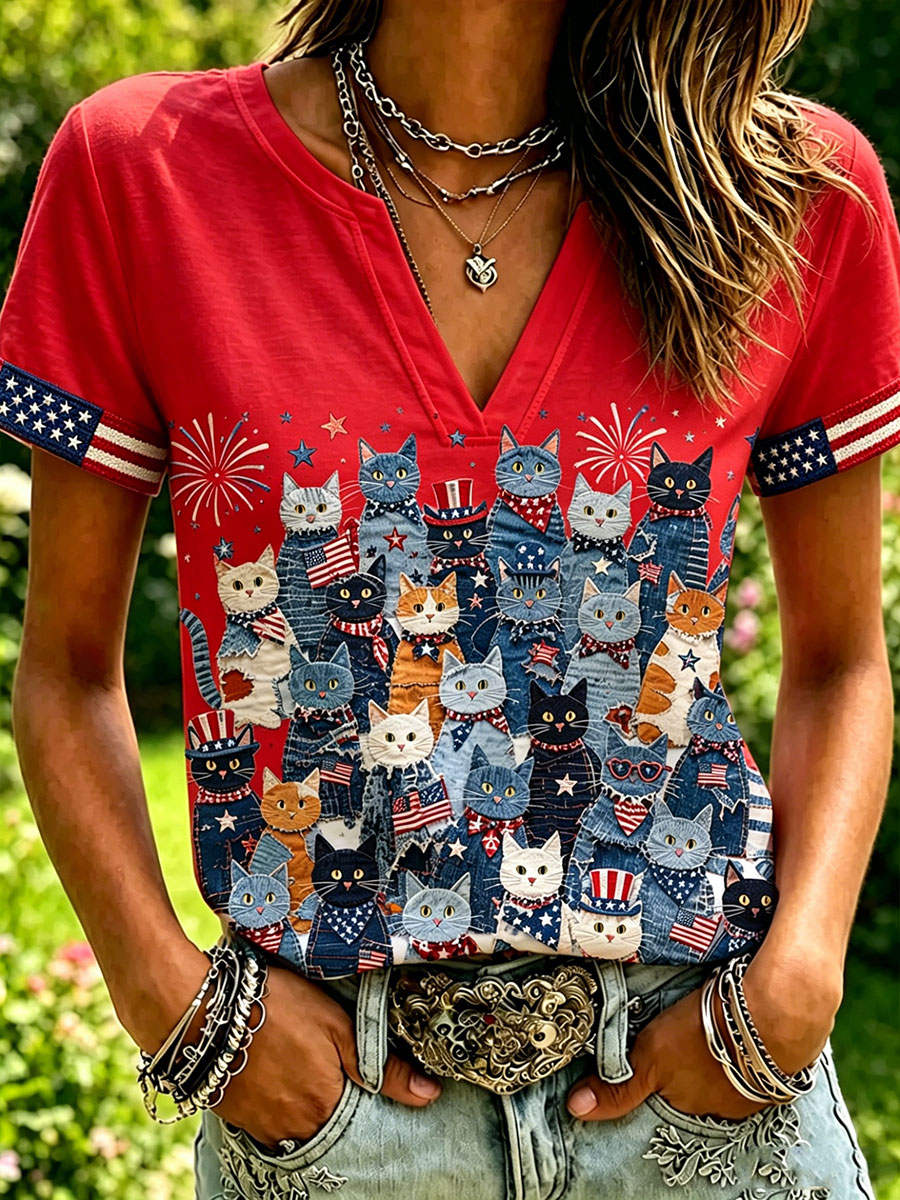 Women's USA Cat Flag T-Shirt 4th of July Celebration