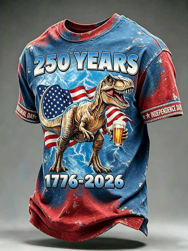 Men's Vintage Independence Day 1776-2026 T-Rex With Beer American Flag Print T-Shirt