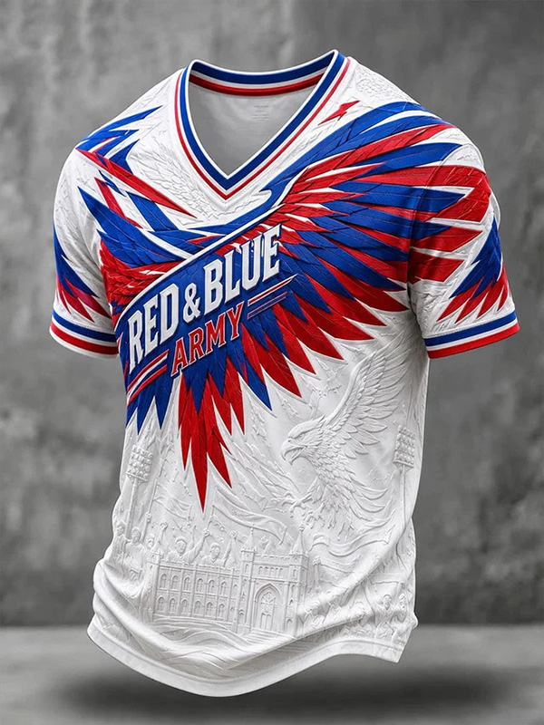 Men's Color Block Eagle Wings Patriotic Print Casual V Neck T-Shirt