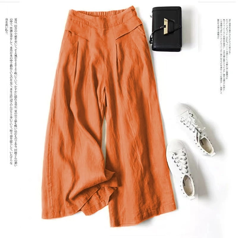 Women's Cotton Linen Culottes Pants Elastic Waist Wide Leg Palazzo Trousers Capri Pants with Pockets
