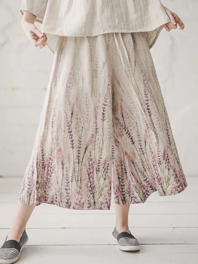 Women's Lavender Print Linen Wide Leg Pants