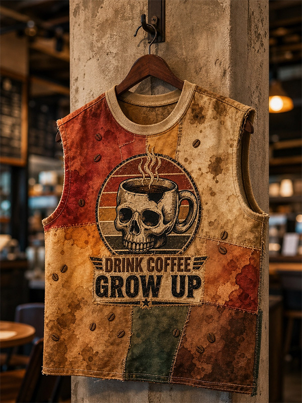 Men's Skull Cup Drink Coffee Grow Up Print Tank Top