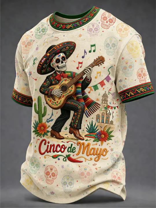 Men's Cinco de Mayo Sugar Skull Guitar Art Print T-Shirt