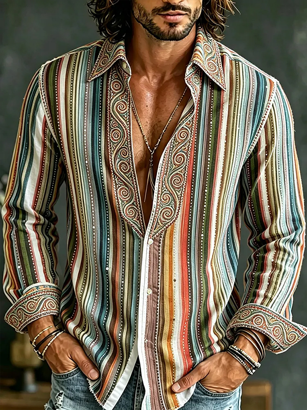 Men's Boho Colorful Striped Hippie Art Print Long Sleeve Shirt