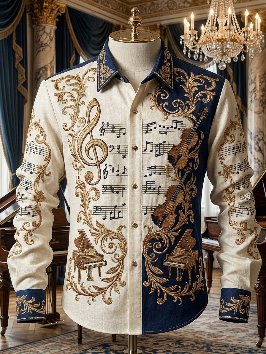 Men's Musical Instrument And Sheet Music Art Print Colorblock Long Sleeve Shirt