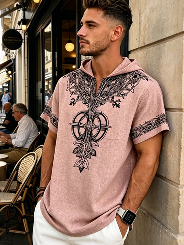 Men's Norse Mythology Symbolism Tree of Life Print Casual Hooded T-Shirt