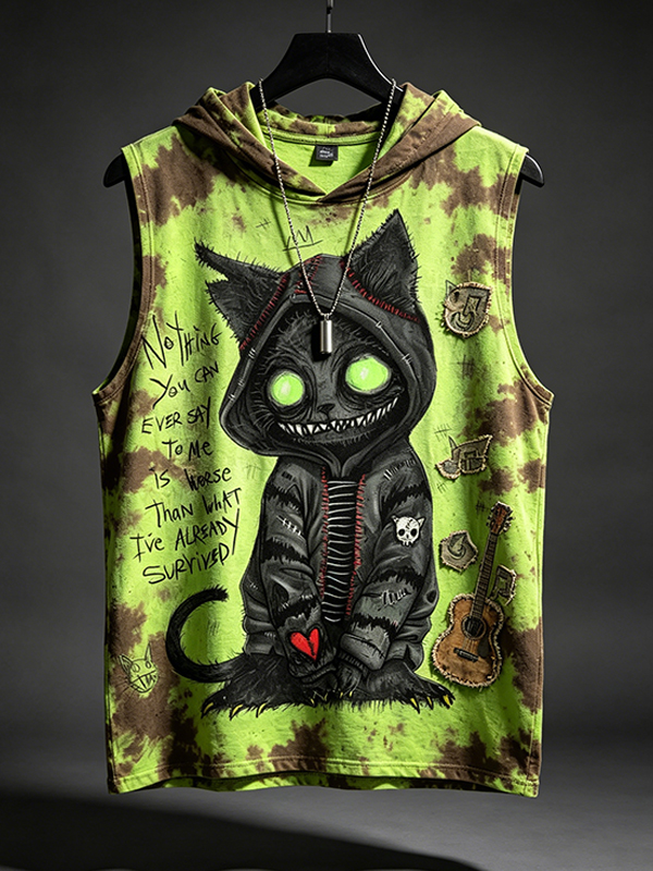 Men's Neon Green Tie‑Dye Scary Cat Print Hooded Tank Top