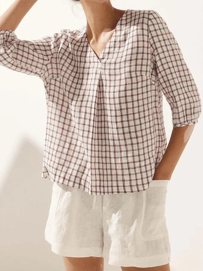 Ladies Plaid Casual Loose Long Sleeve Top