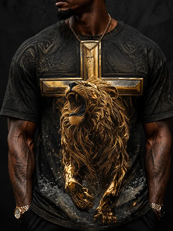 Men's Religious Symbol Lion of Judah Cross Print Casual T-Shirt