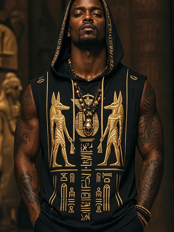 Men's Anubis Ancient Egyptian Hieroglyph Print Hooded Tank Top