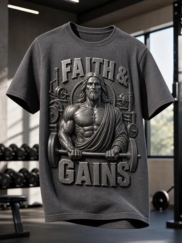 Men's Funny Jesus Lifting Weights Faith and Gains Print Casual T-Shirt